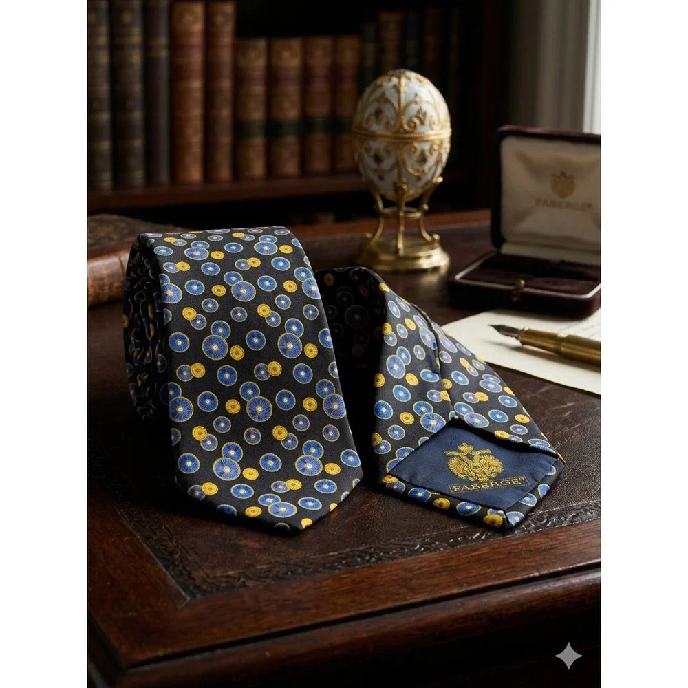Faberge Silk Necktie Mens Black Blue Yellow Geometric Circle Handmade USA 4x57